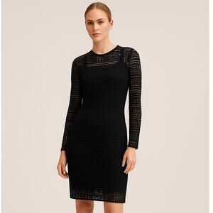 Zara Black Lattice Crochet Lace Long Sleeve Midi Dress